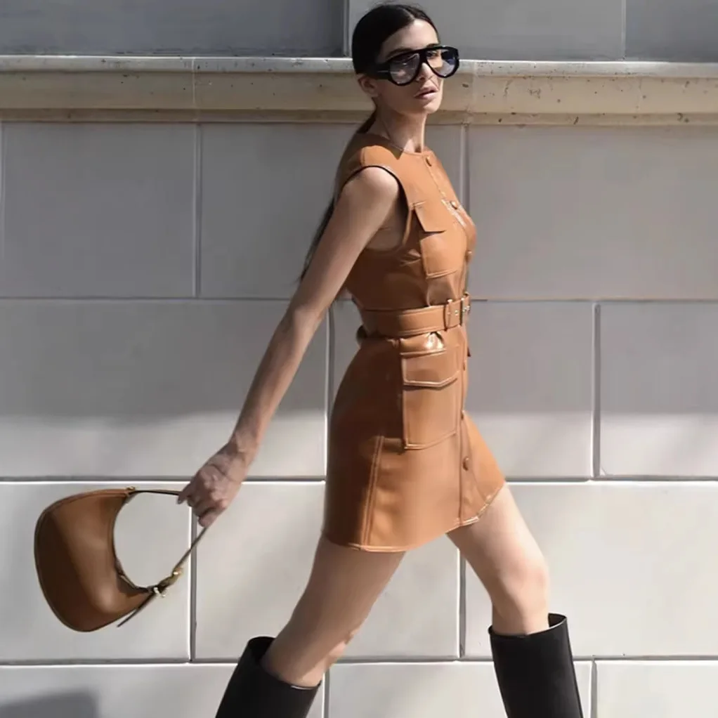 سترة جلدية أنيقة باللون البني بدون أكمام للنساء، سترات متوسطة الطول بحزام صدر واحد، ملابس يومية للشارع للسيدات #3