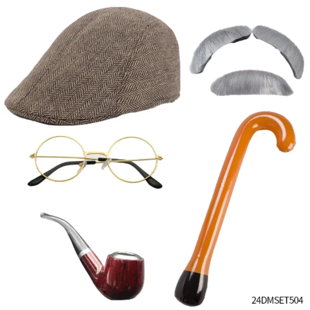 Opa verkleed met eendenbekkap, zakhorloge, stropdas, bril, pijp en andere accessoires geschikt voor feestdecoratie