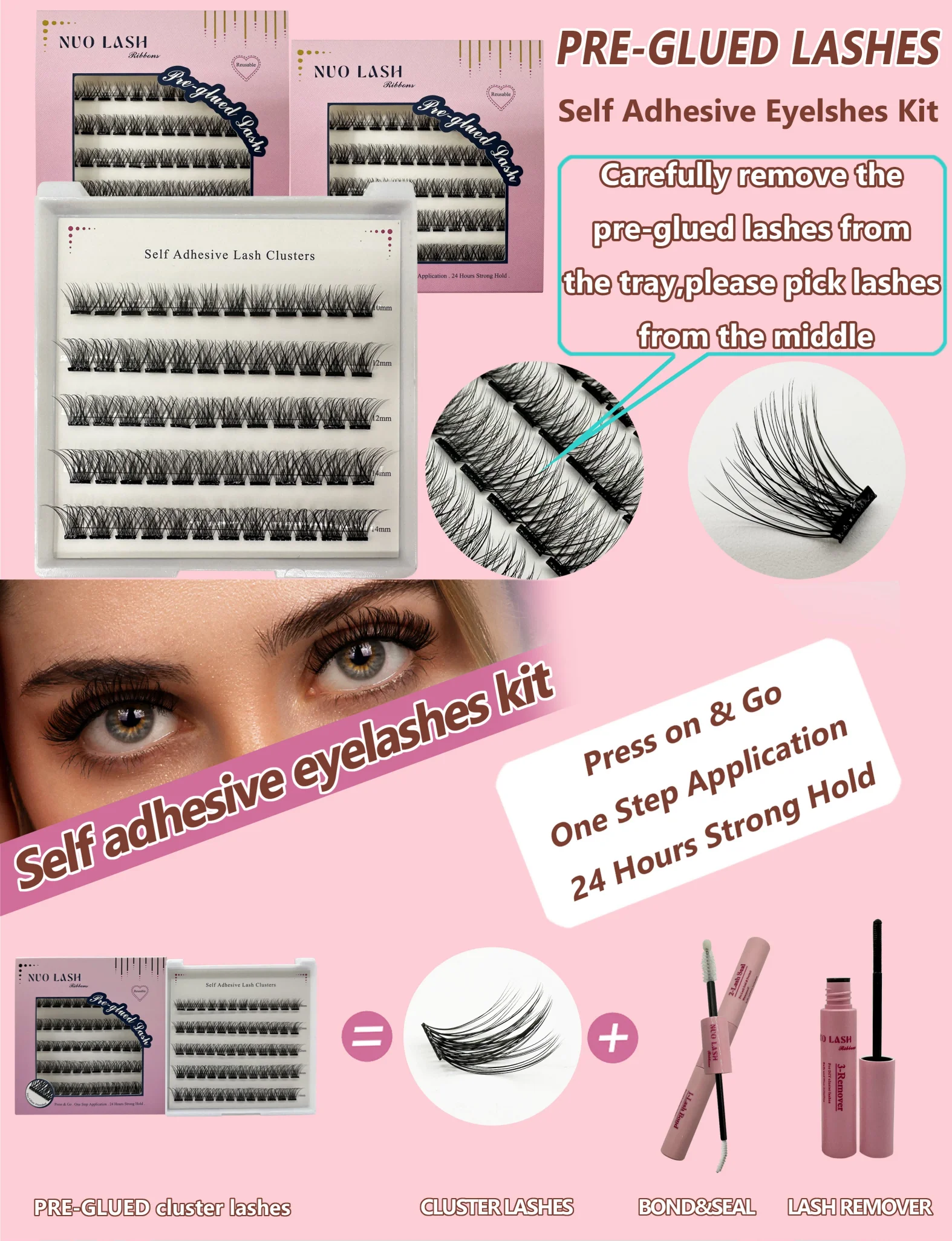 Bänder, Wimpern, selbstklebende Cluster-Wimpern, zum Aufdrücken, kein Kleber erforderlich, vorgebunden, wiederverwendbar, leimlose Verlängerung, wasserfest, privates Logo – Detail 1