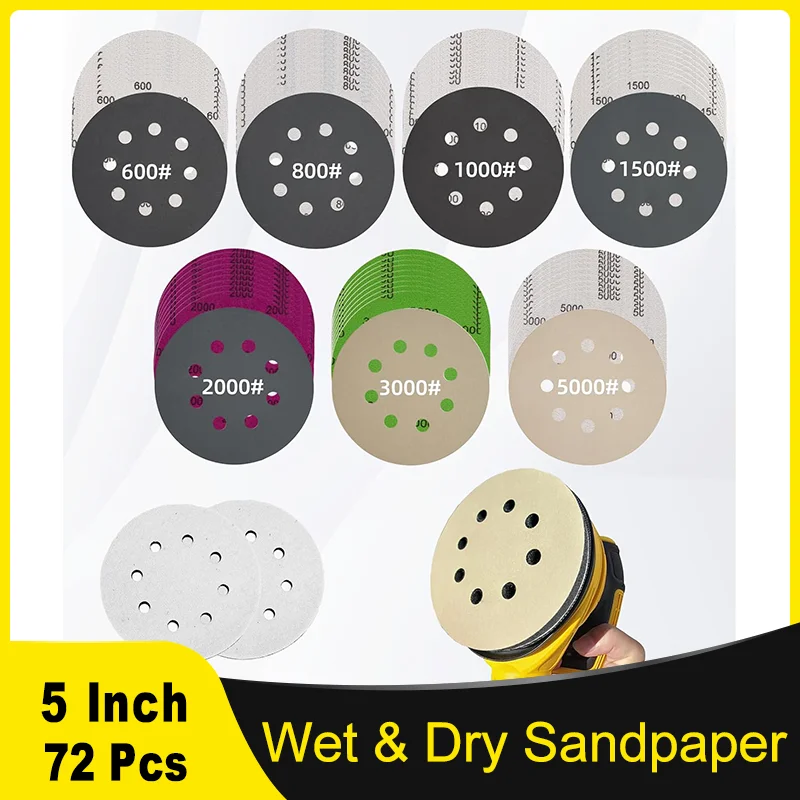 72 Pcs 5 Inch 8 Hole Wet & Dry Sanding Discs Set  with Interface Pads for Random Orbital Sander 600- 5000 Grits for Grinding