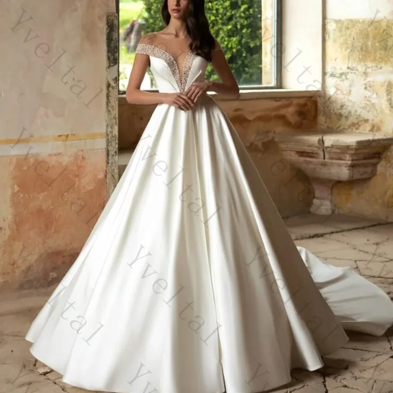 Customized Luxury Beaded Satin A-Line Minimalist Ivory Off The Shoulder Ball Gown Chapel Wedding Dress Bridal Gown With Train
