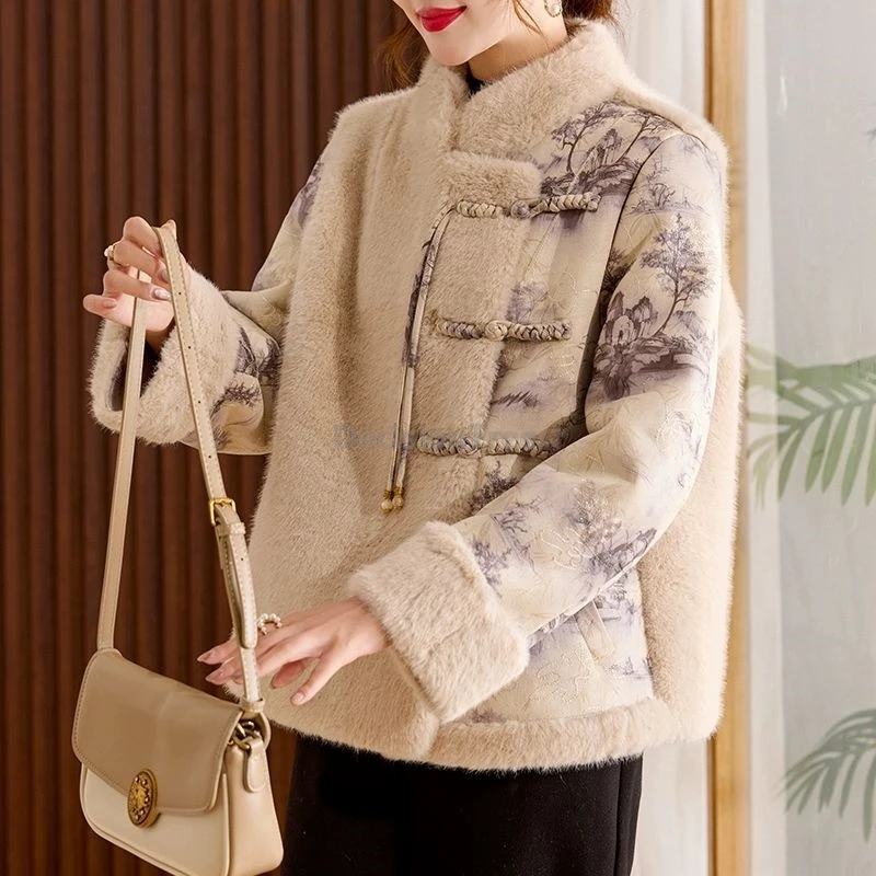 

Зимнее меховое пальто 2025, утепленное, элегантное, женское повседневное зимнее пальто, винтажная улучшенная куртка Ципао с художественным принтом в стиле литературы