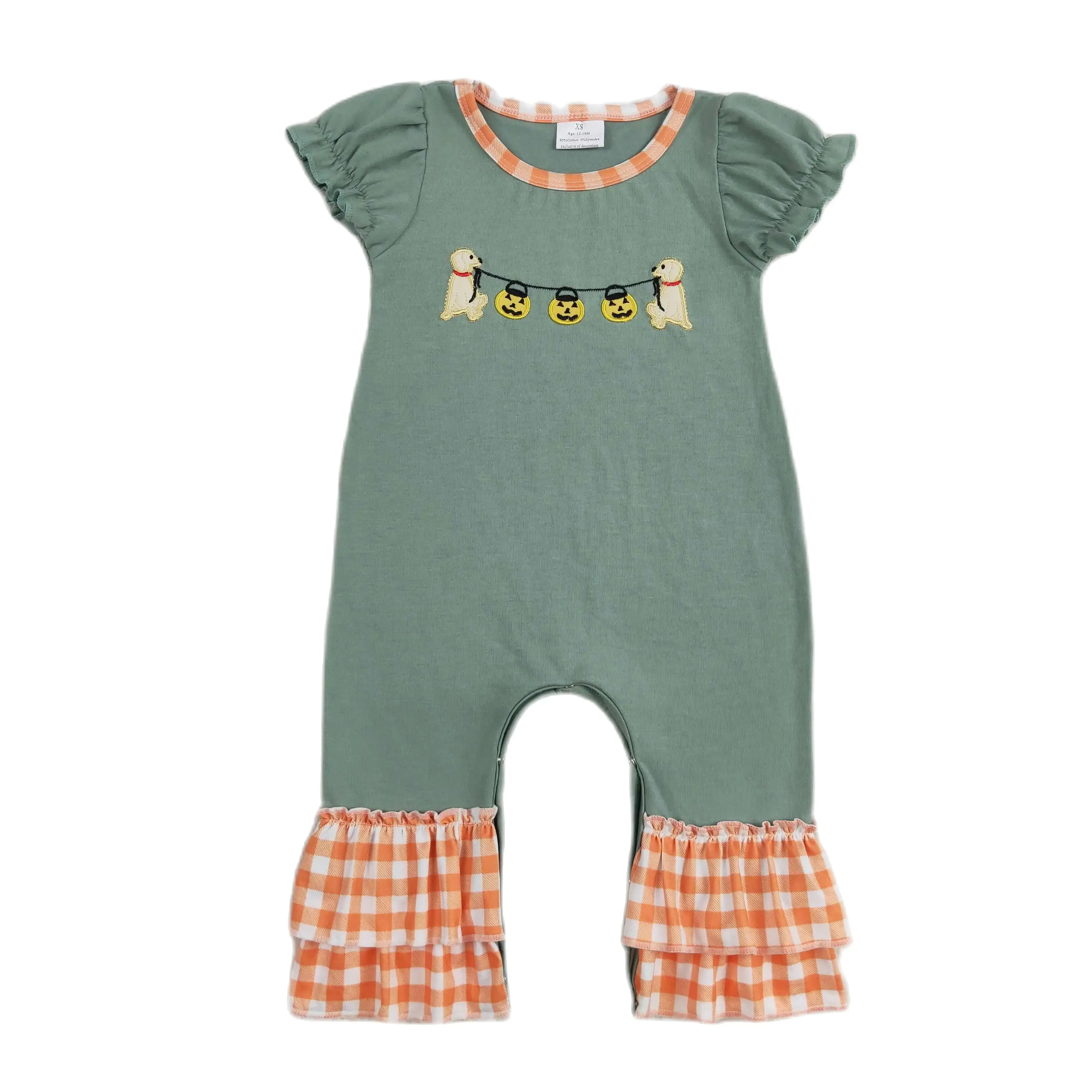 Wholesale Baby Girl Short Sleeves Pumpkin Jumpsuit Kids Toddler Green Cotton One-piece Clothing Newborn Halloween Romper