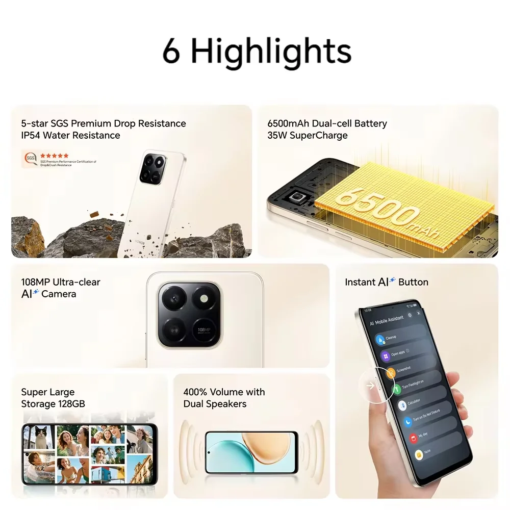 هاتف ذكي HONOR 400 بسعة 6 جيجابايت + 128 جيجابايت/8 جيجابايت + 256 جيجابايت سنابدراجون 685، 6.77 بوصة شاشة 120 هرتز، كاميرا رئيسية 108 متر، بطارية 6500 مللي أمبير في الساعة، أندرويد 15، NFC