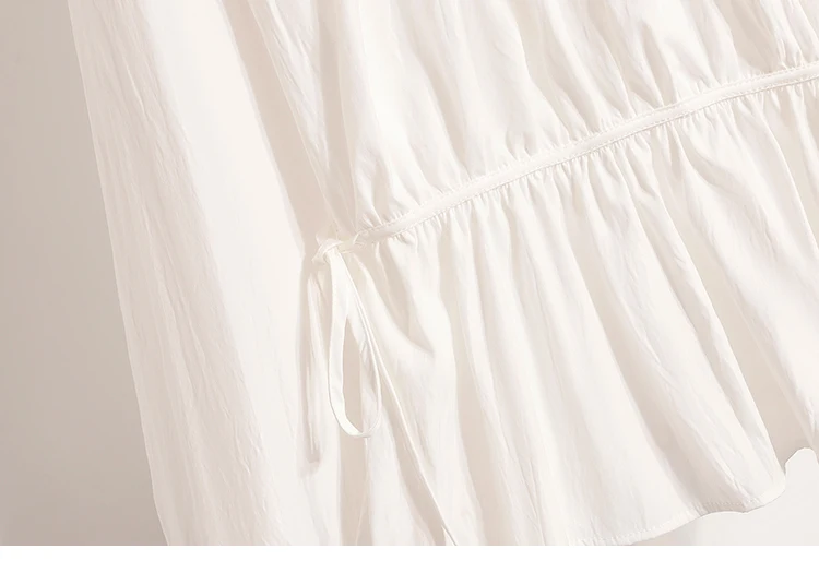 2026 Weiße Bluse mit Kordelzug-Taille, langen Ärmeln, lockerem Schnitt, verjüngendem Peplum, Babydoll-Stil, lässiges Top aus Crinkle-Stoff – Detail 12