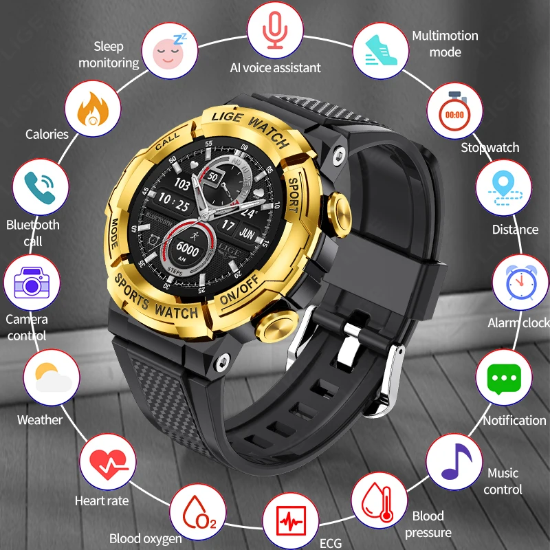 LIGE Smart Watch Man Outdoor Sport AI Voice Control Full Touch Bracelet Bluetooth Call Waterproof For Android IOS Smartwatch ECG