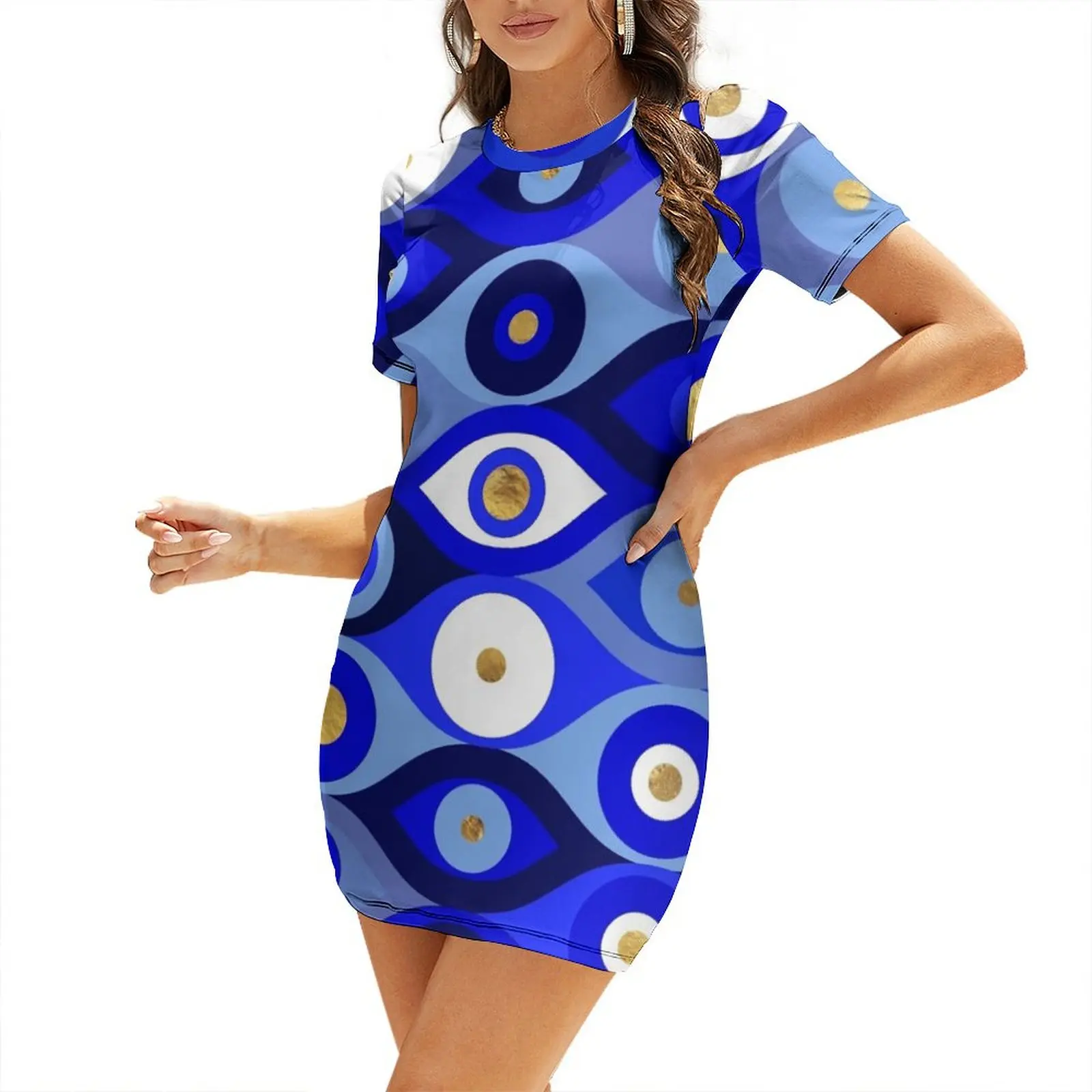 

Greek Mati Mataki - Matiasma Evil Eye blues Short Sleeved Dress Women's clothing Long veiled dresses Aesthetic clothing Dress