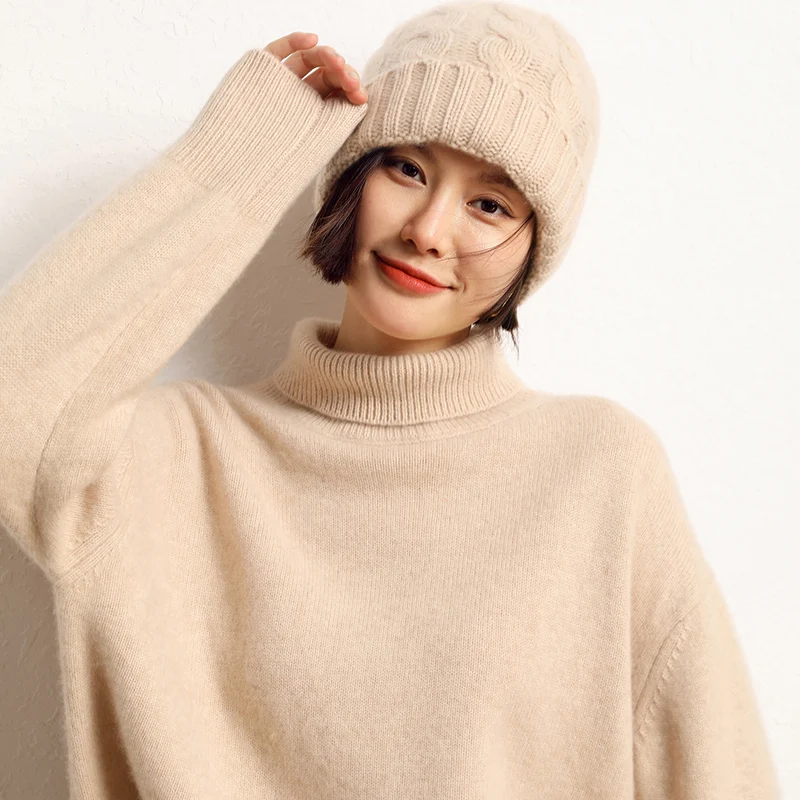 2022 Hot Sale Winter Women\'s 100% Pure Cashmere Sweater Turtleneck High Quality Soft Female Loose Thickened Knitted Pullover