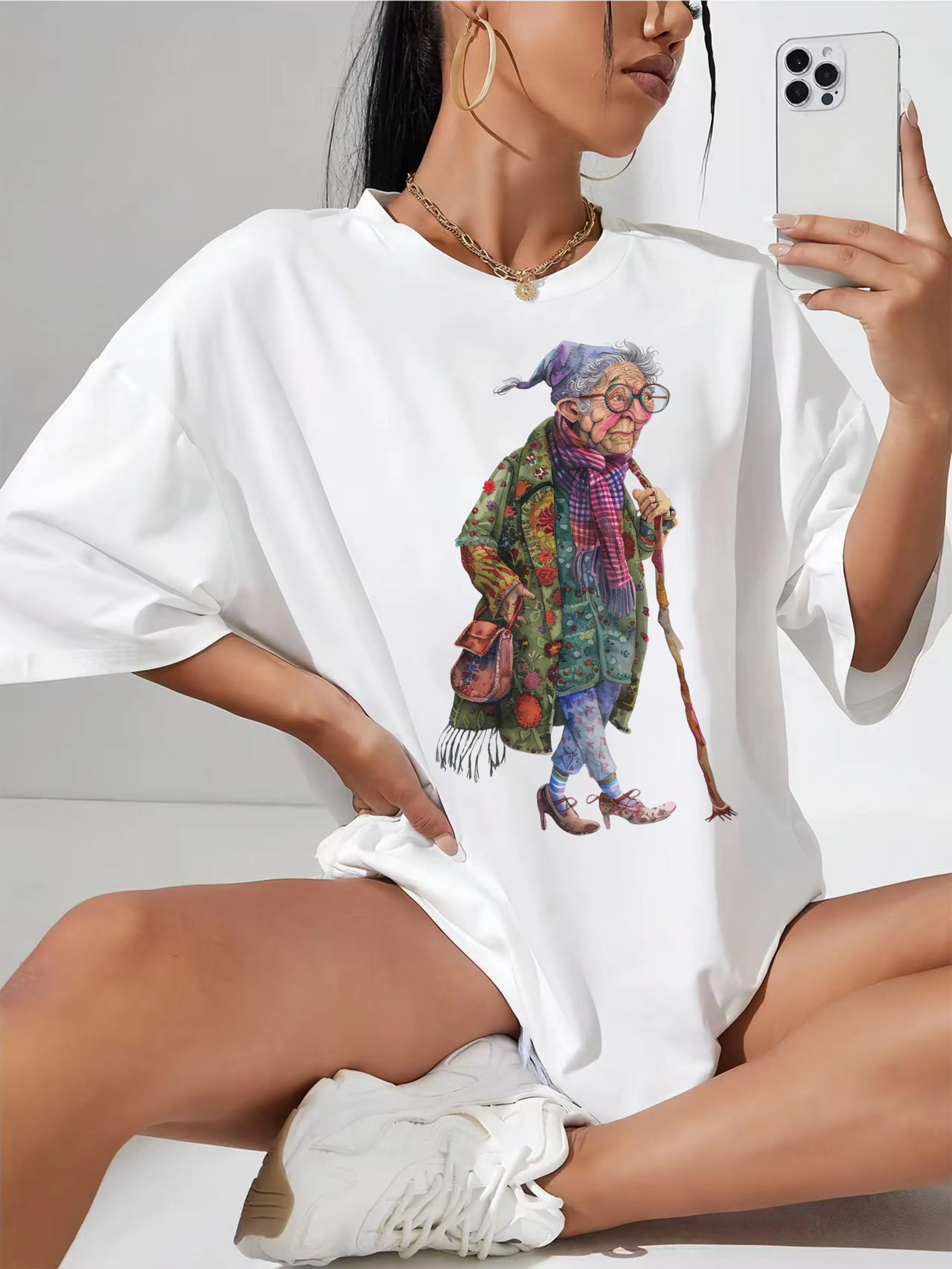 

Белая женская футболка свободного кроя Quirky-Whimsical-Crazy-Grandma-Clipart, непринужденная модная и удобная летняя одежда для беременных