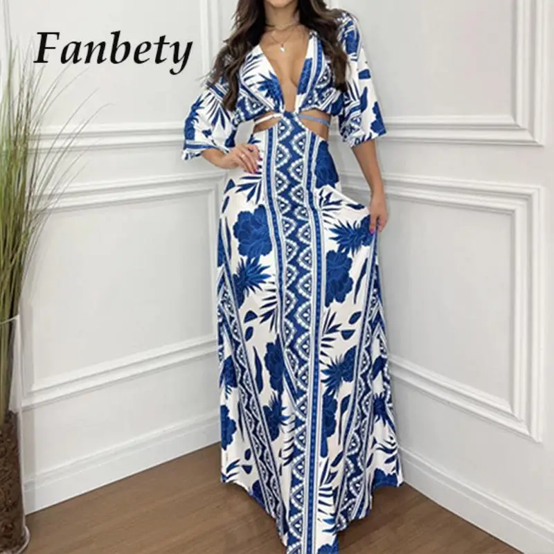 Summer Spring Women V-Neck Half Collar Loose Maxi Dress 2024 Pleat Vocation Dresses Casual Waist Hollow Bohemian Beach Dress