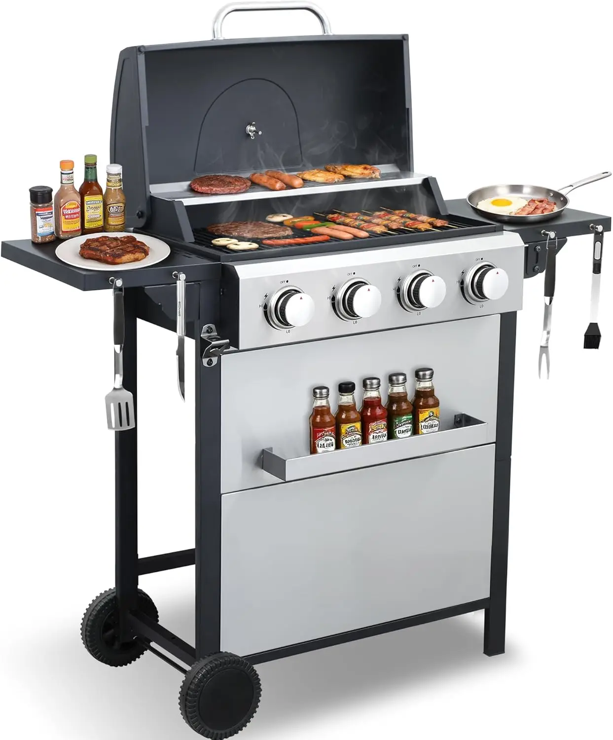 

Газовый гриль на пропане со складными боковыми столиками, 4-конфорочный газовый гриль с полноразмерным поддоном для жира и съемной емкостью для жира, 40 000 BTU BBQ G