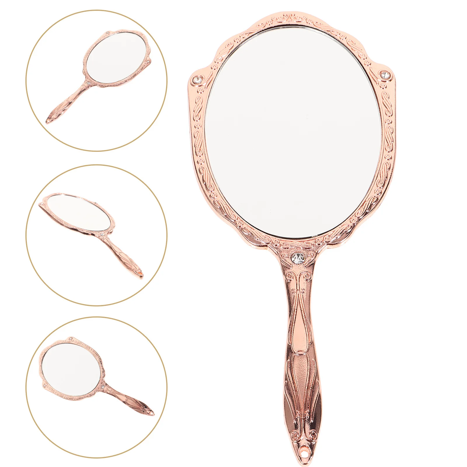 Handheld Makeup Mirror Vintage Style Portable Makeup Hand Mirror 360 Rotate Clear Reflection Metal Glass Durability