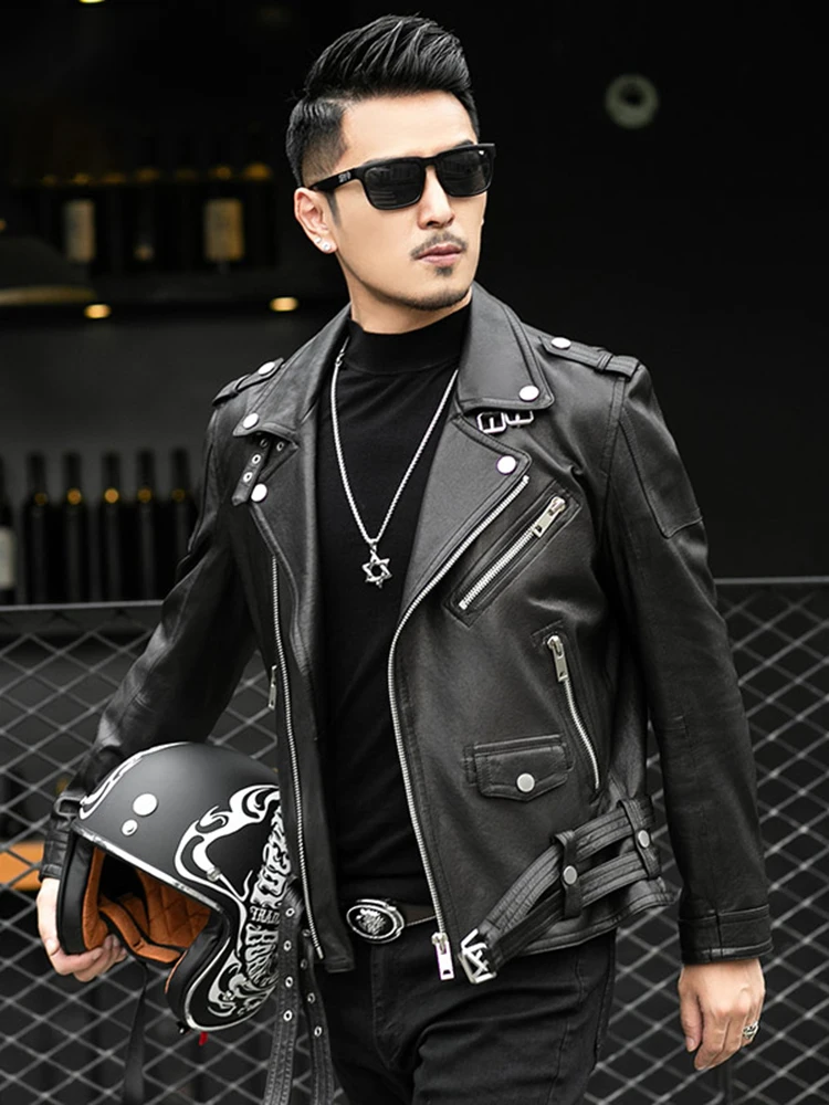 

Mauroicardi Spring Autumn Short Cool Black Leather Biker Jacket Men Zipper Long Sleeve Belt Plus Size European Fashion 4xl 5xl