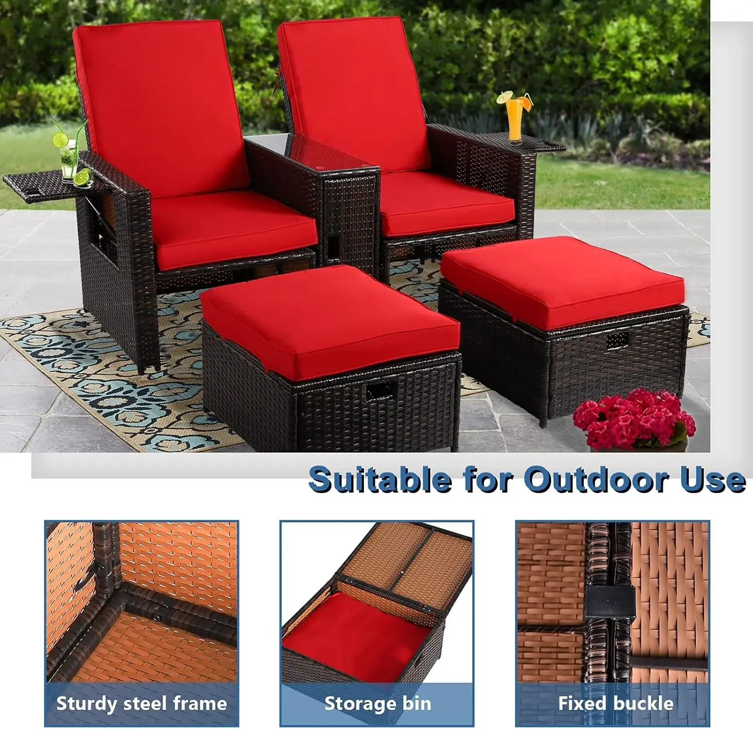 5-Piece Patio Wicker Furniture Set Outdoor Rattan Sofa Set Adjustable Lounge Chair with Ottoman,Coffee Table,Cushion for Garden