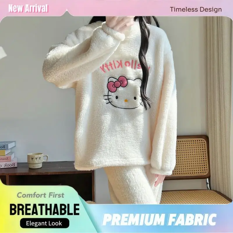 

Sanrio Hello Kitty Women's Plus Size Plush Flannel Pajama Set Autumn Winter New Thickened Warm Cute Home Loungewear Sleepwear