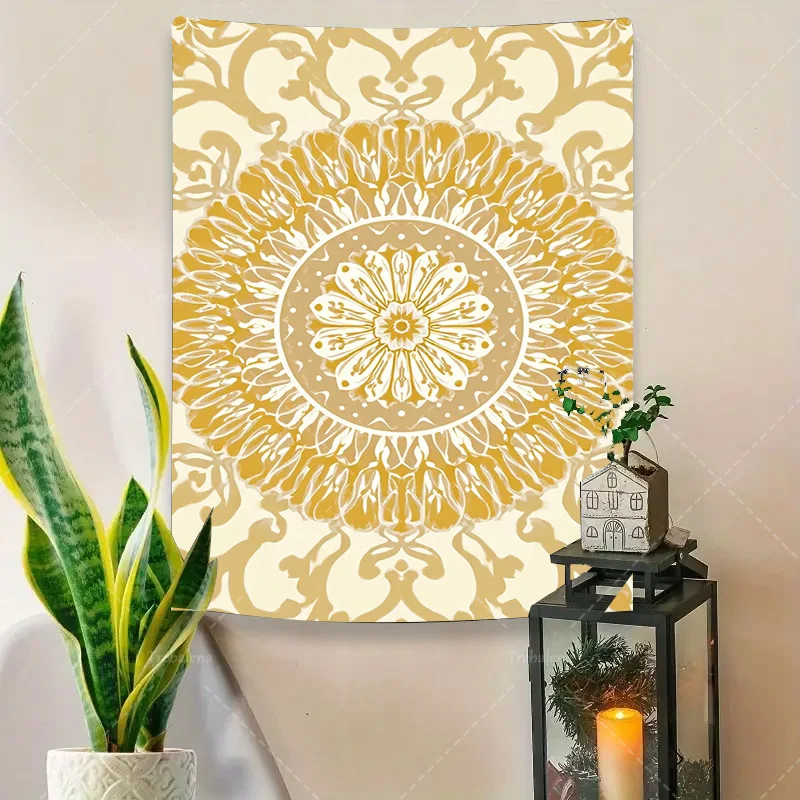 قطعة واحدة من نسيج الحائط بوهو شيك ماندالا - معلق على الحائط باللون الذهبي والكريمي لديكور المنزل #4