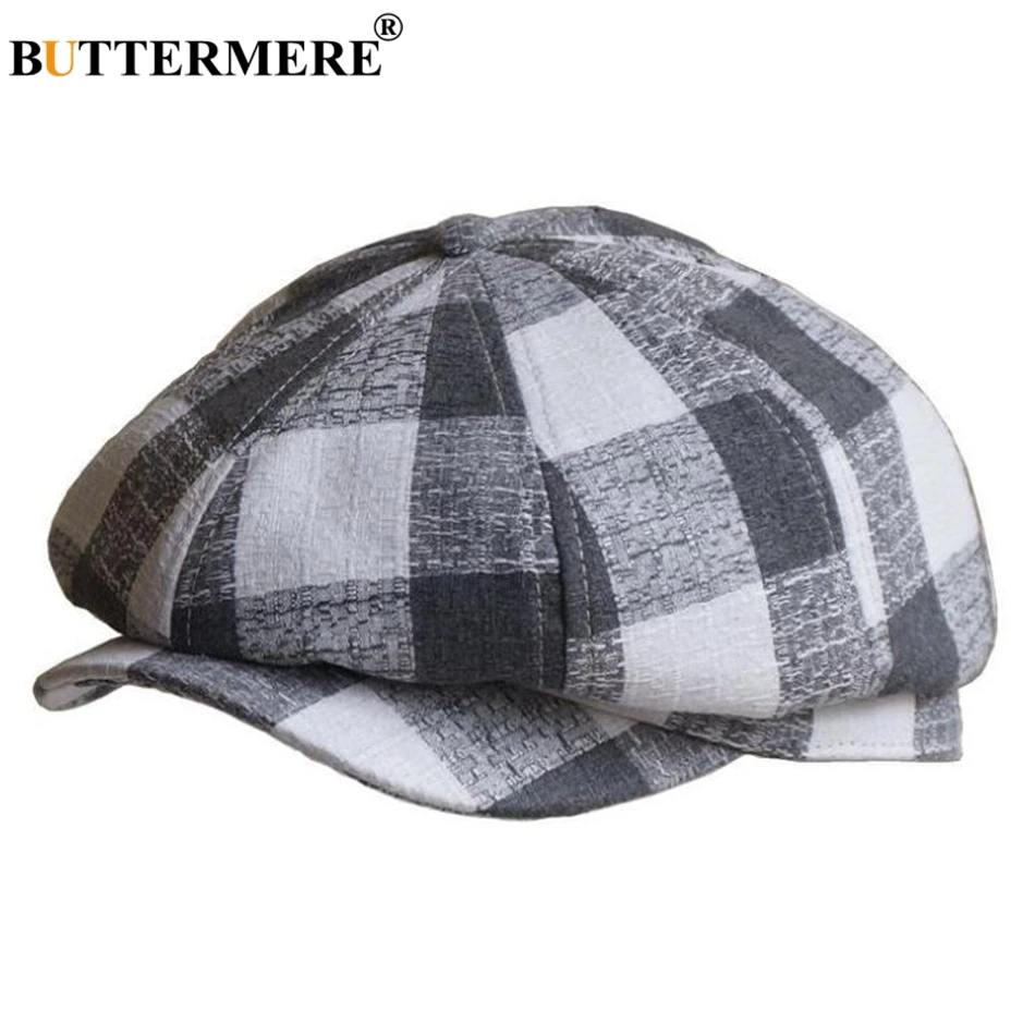 BUTTERMERE Newsboy Cap Men Women Linen Octagonal Cap British Black White Plaid Beret Hat Spring Summer Male Female Flat Cap