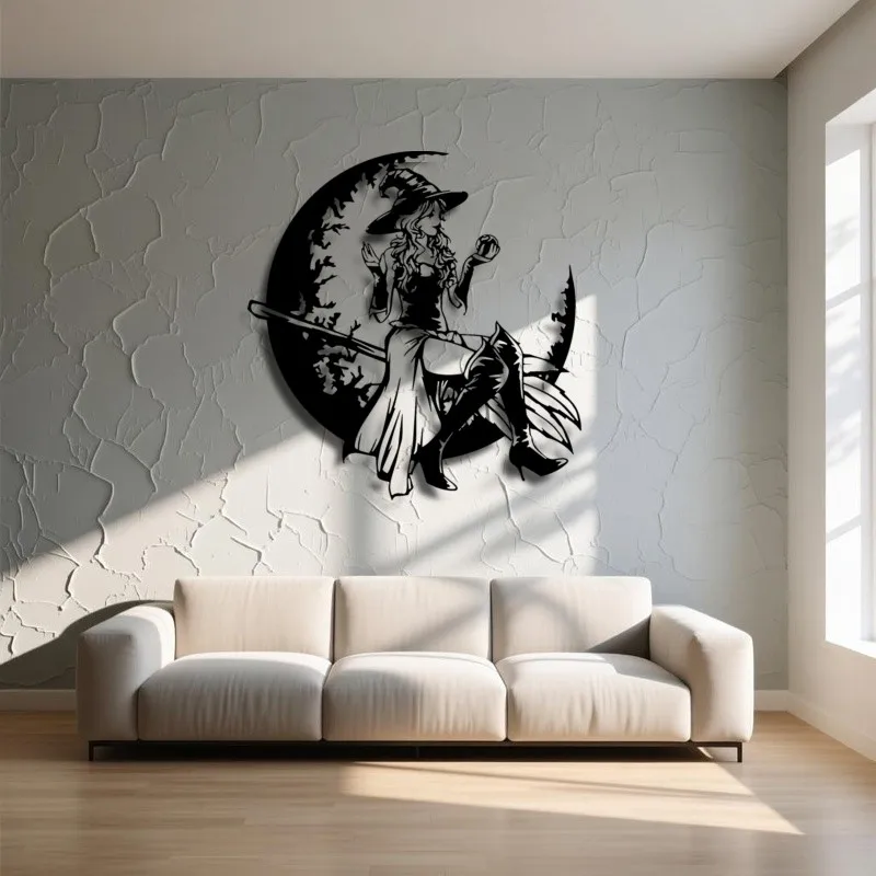 CIFBUY Metal Wall Art Wrought Iron Witch Broomstick Sculpture Gothic Vintage Indoor Living Room Home Decor Ornament