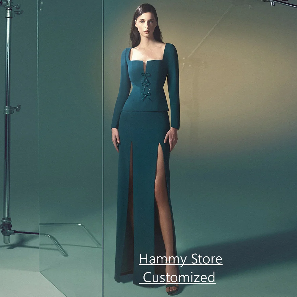 

Two Pieces Evening Dress Customized Square Neck Long Sleeves High Split Floor Length Saudi Arabian Prom Party Gowns