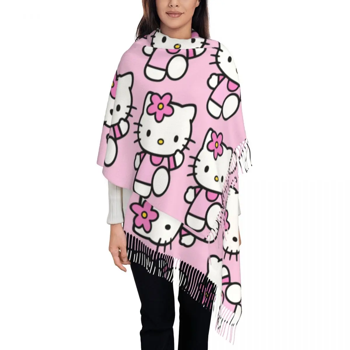 Custom Hello Kitty Cartoon Tassel Scarf Women Soft Kitty White Shawls Wraps Ladies Winter Fall Scarves