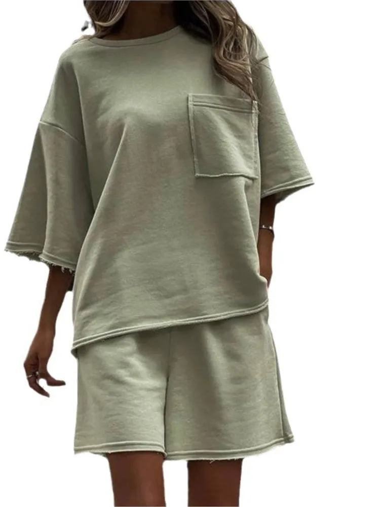 Casual Simple Short Style Sports Two Piece Set Women Solid Color Loose Half Sleeves T Shirt Shorts 2 Piece Sets Lady Streetwear