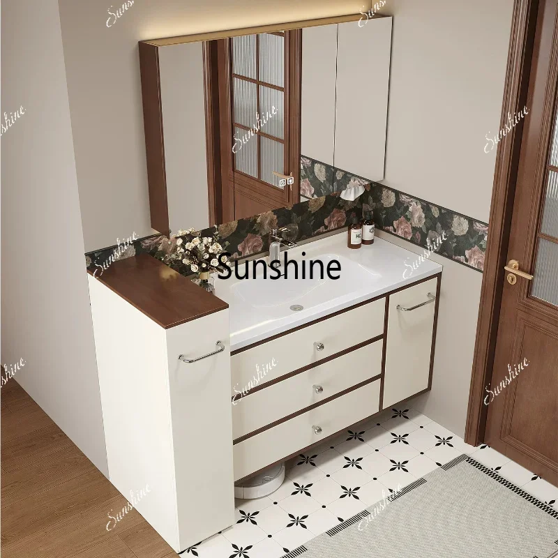 YVintage cream-style color-block multifunctional pull-out bathroom cabinet with ceramic integrated design