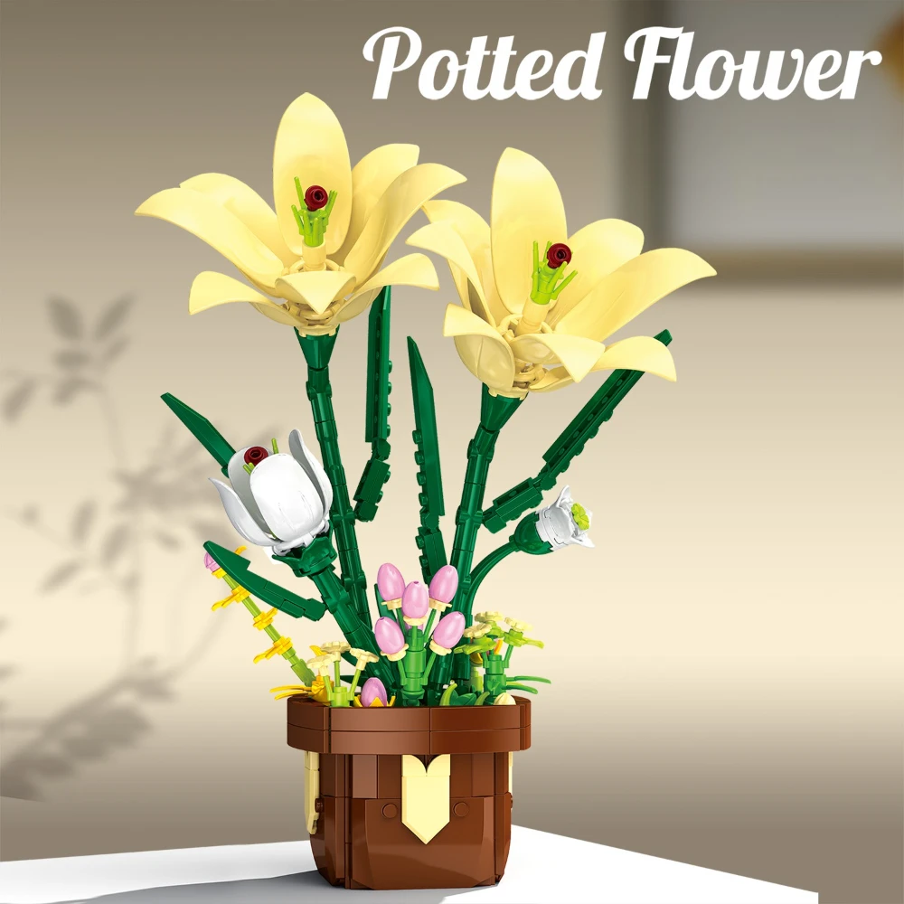 MOC Sunflower Lily Rose Potted Flower Plant Building Blocks Set Perfect Ornament Toys For Children Birthday Holiday Special Gift