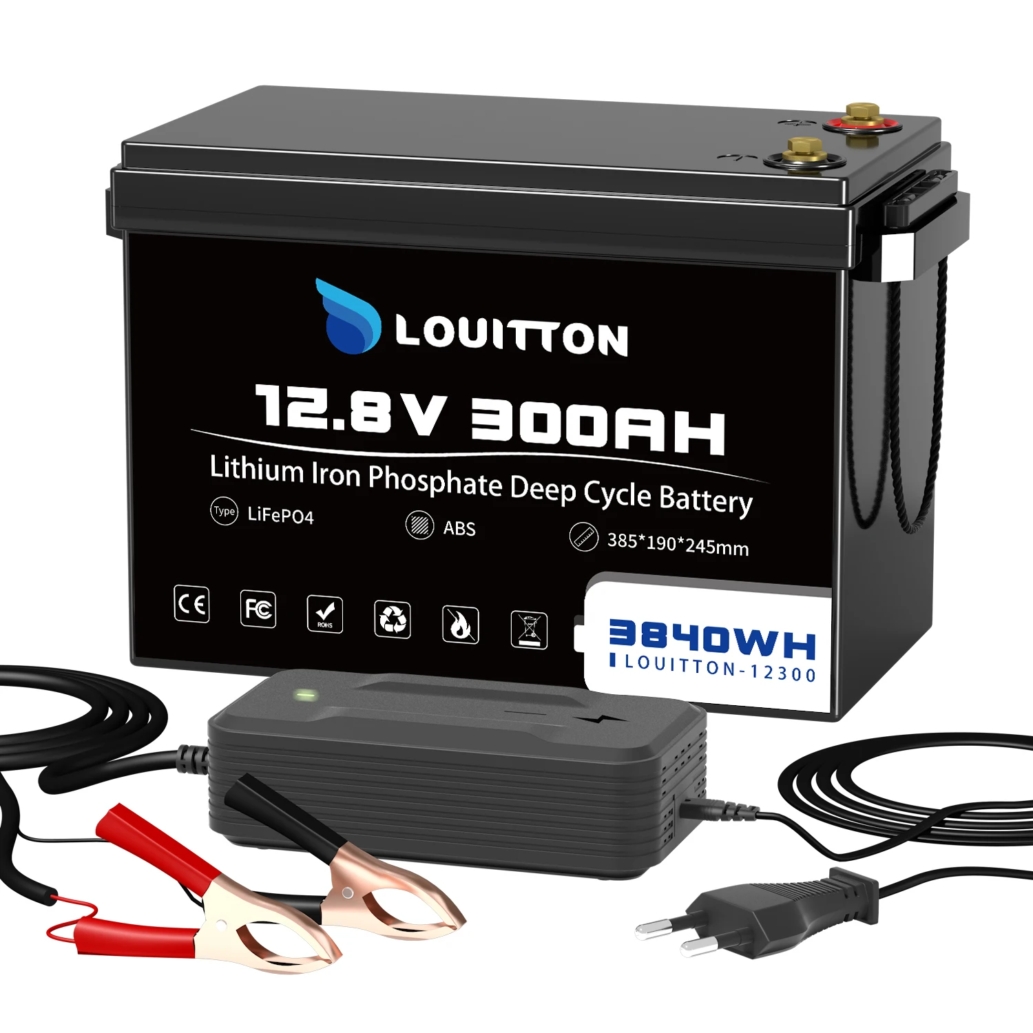 12V LiFePO4 Battery Pack 300AH Built-in BMS Lithium Iron Phosphate Cells 6000 Cycles For RV Campers Golf Cart Solar With Charger