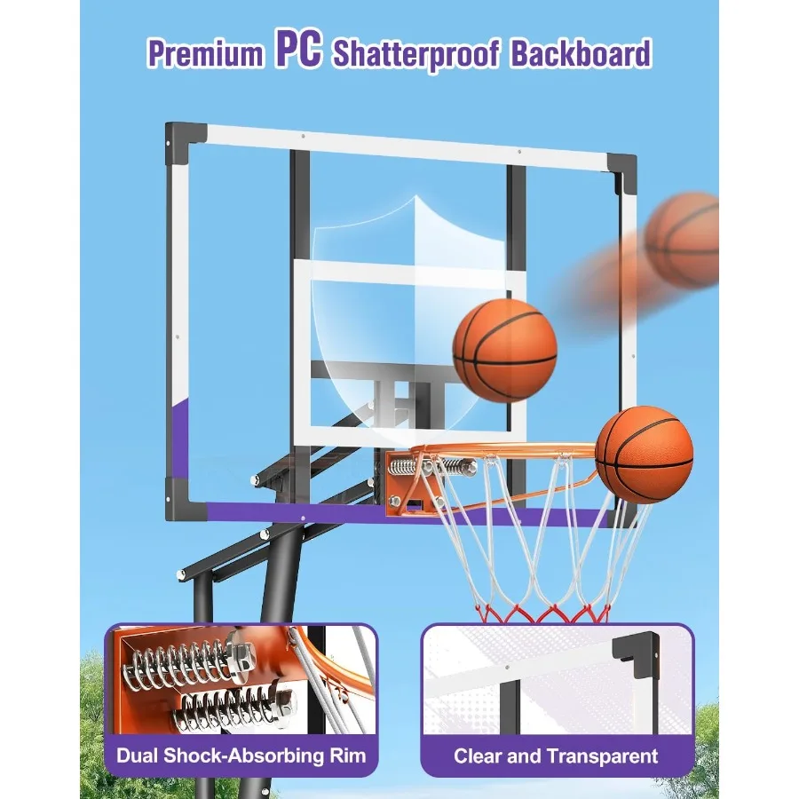 Ring Basket Luar Ruangan 44-48 Inci Papan Belakang PC Anti Pecah 5.25-10 Kaki Tinggi Dapat Disesuaikan Tanpa Tingkatan Ring Basket Portabel untuk T