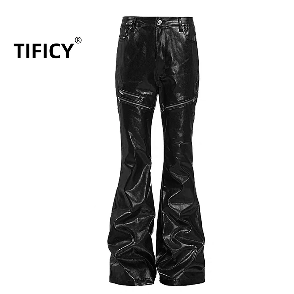 

Мужские джинсы High Street Dark Black с металлическим покрытием, расклешенные, с восковой пропиткой, в стиле стритвир, повседневные, модные, джинсовые брюки