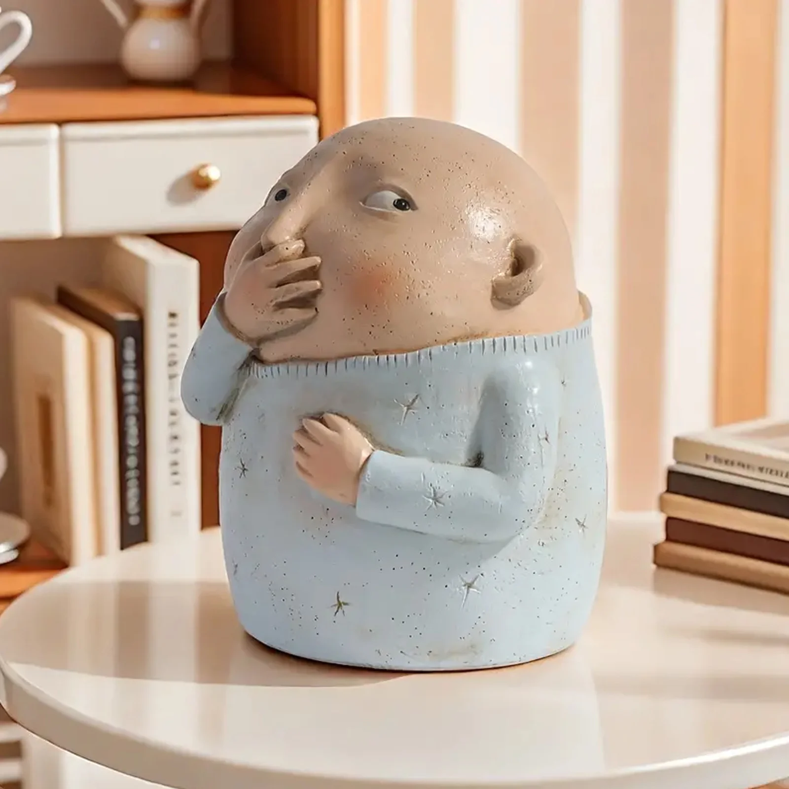 A Whimsical Resin Figure Statue With A Blue Sweater Playful Nose Pinching Posture, Living Room, Study, Bedroom, Office