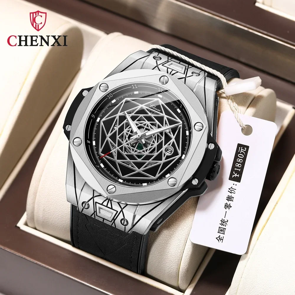 CHENXI New Fashion Men Sport Watches Waterproof Large Dial Luminous Watch for Men Leather Strap Calendar Wristwatch Male Relogio