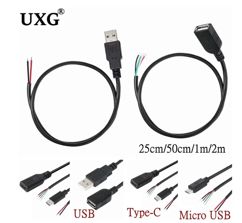 Micro USB A Type-C Wire Female Male Jack Power Supply Extension Cable 4 Pin 2 Pin 4 Wires DIY Data Line Charging Cord 0.25m-2m