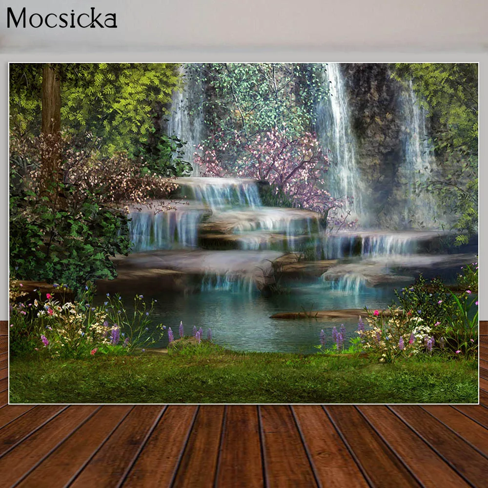 Spring Forest Waterfall Backdrop Wonderland Flowers Photography Background Birthday Photo Studio Props Decorative Banner Poster