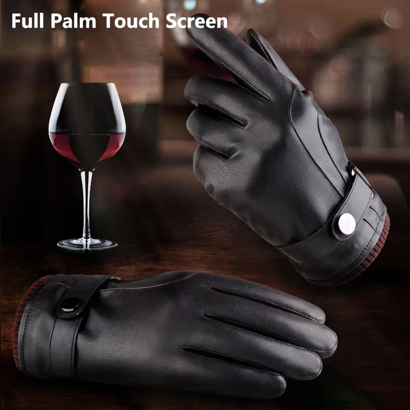 Black Waterproof Full Finge Leather Gloves Driving Gloves Touch Screen Thermal Outdoor Sports Thick Cotton Gloves