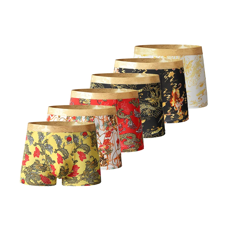

Chinese Style Dragon&Tiger Printed Men's Boxer Briefs Luxury Gold Waistband Ice Silk Breathable Stretch Comfortable Underwear