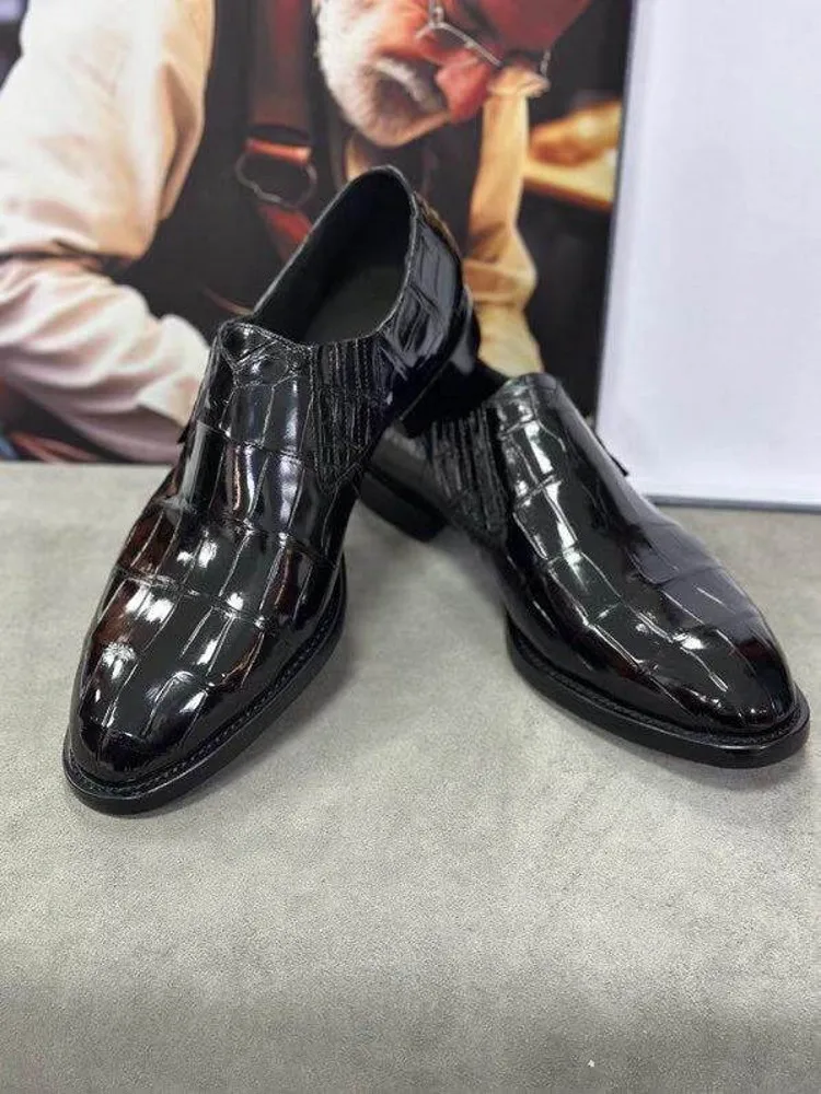 Business Work Mens Crocodile Leather Formal Shoes Genuine Leather Slip On Round Toe Low Cut Versatile Wedding Party Dress Shoes