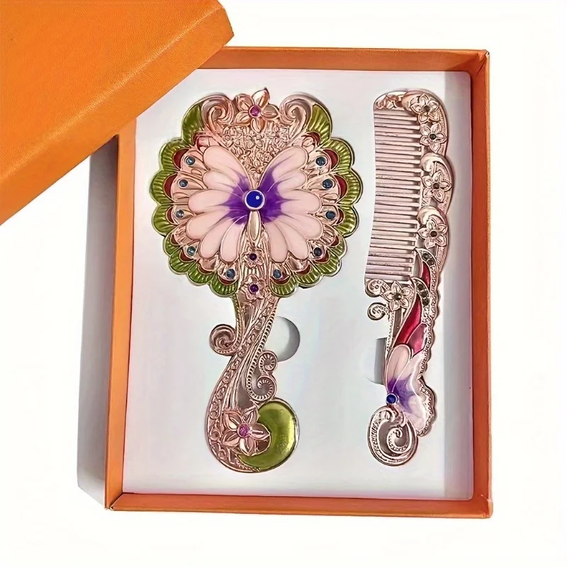 

Креативное ретро-тисненое узором в виде павлина, декоративное зеркало для макияжа, портативное портативное складное зеркало с металлической ручкой, косметическое зеркало-гребень