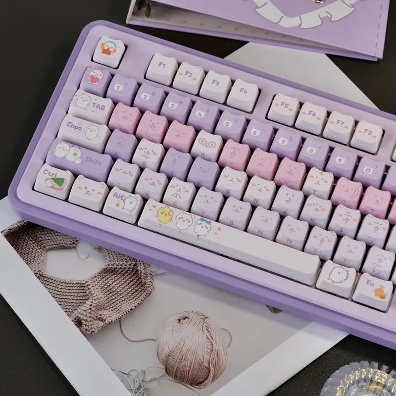 

Happy Bear Keycaps 130 Keys MAO PBT Keycaps Purple Bear Dye Sub Keycap for Mx Switch Mechanical Keyboard Cute Key Caps