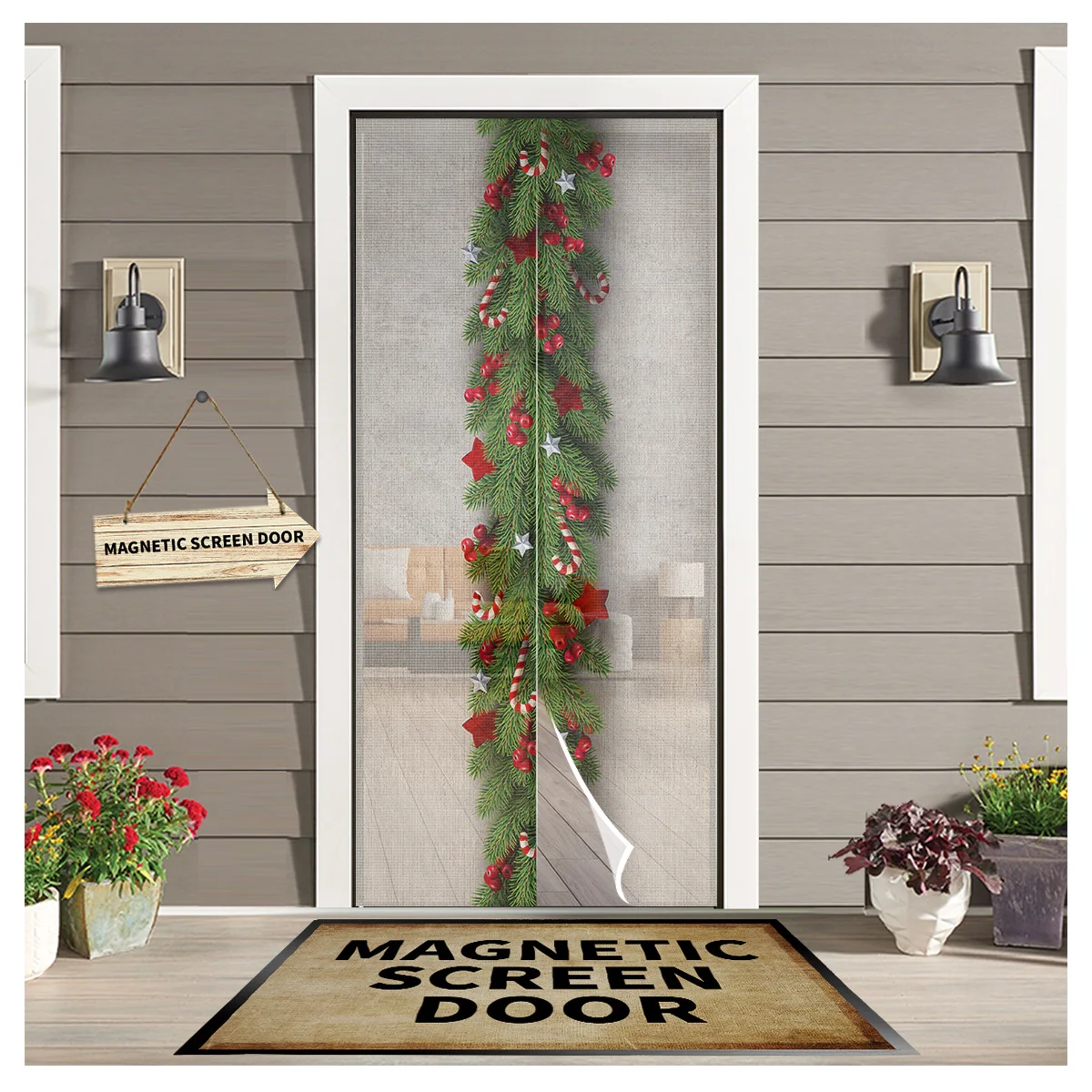 Christmas Tree Pine Needles Candy Bow Magnetic Mosquito Net Screen Door Mesh Anti Mosquito Insect Fly Bug Door Curtain