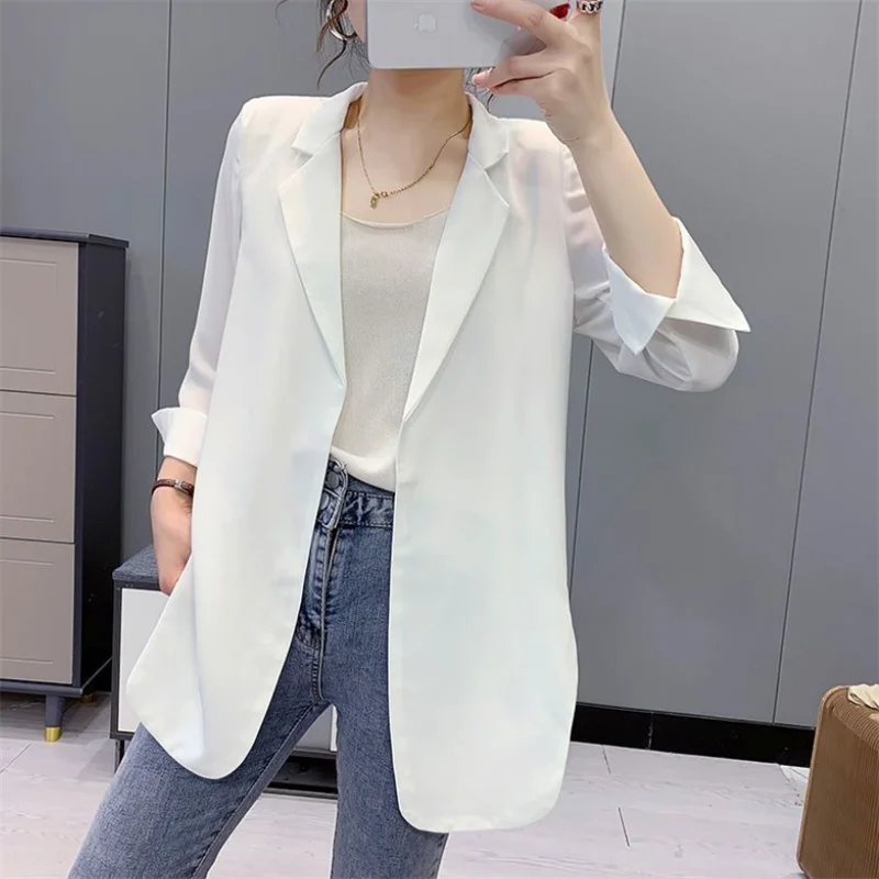 Chiffon Small Suit Women's 2023 Spring Summer New Korean Version Thin Loose Mid Length Coat 3/4 Sleeve Cardigan