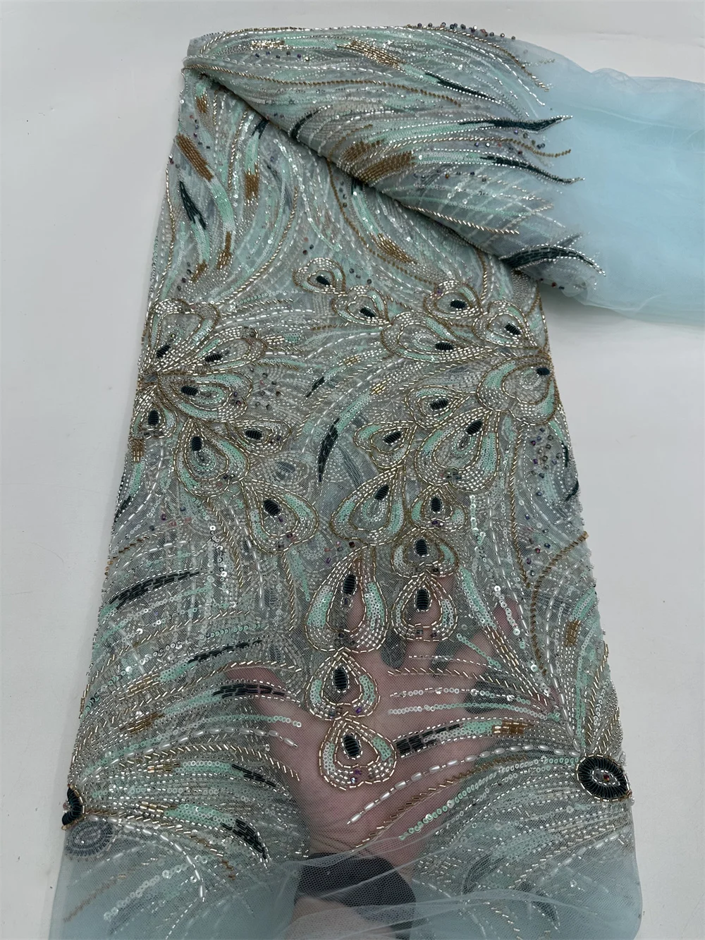 Sequins Beaded Lace Fabric Elegant High Quality Tulle Mesh Women Wedding Dresses 5 Yards Beades Embroidery African Lace Fabrics