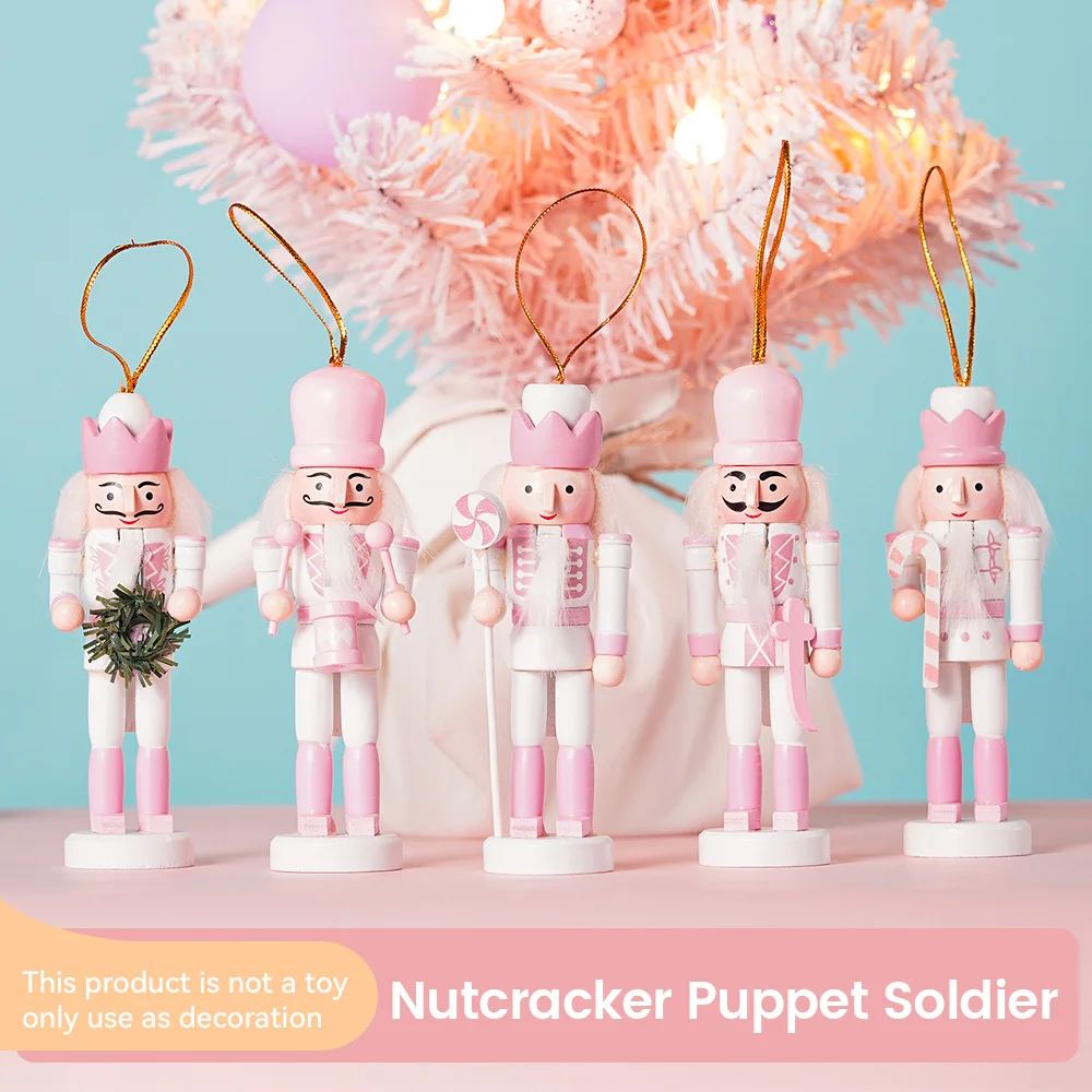 12CM Nussknacker Kombination Set Rosa Weiß Soldat Anhänger Holz Handwerk Weihnachtsbaum Anhänger Desktop Neujahr Dekoration