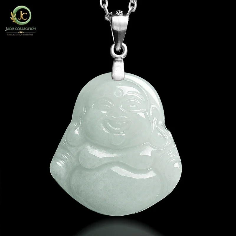 Natural MyanmaraGenuine Jadeite Laughing Buddha PendantS925Silver necklace with ice jade pendant for women wholesale