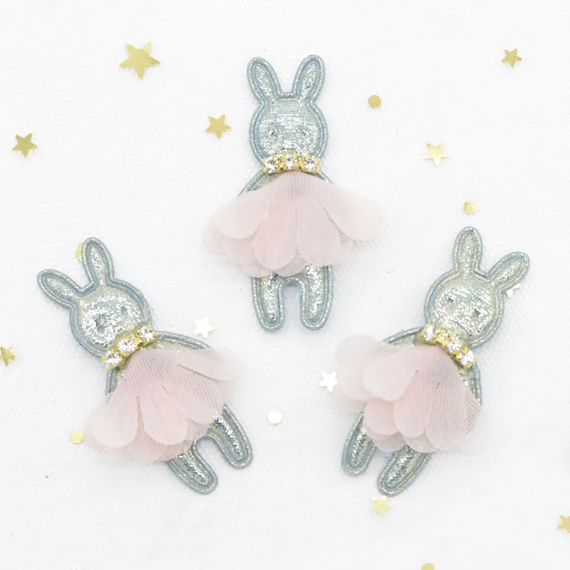 10Pcs 24*50mm Glitter Padded Patches Rabbit with Rhinestone Mesh Skirt Appliques for Clothes Hat Leggings Decor DIY Headwear