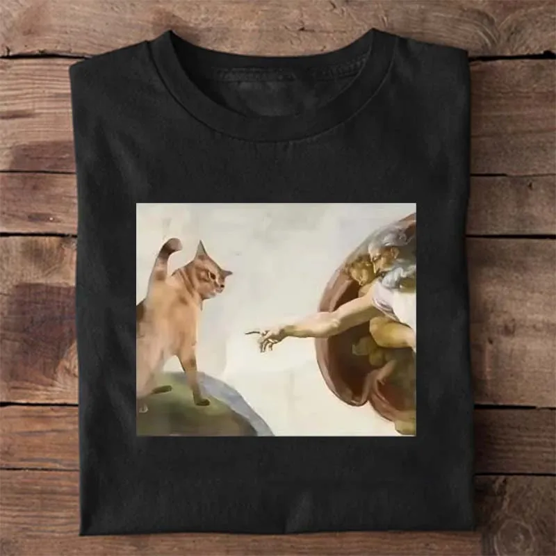 Funny Cat God Creation of Adam Meme T-Shirt Men Women Casuals Short Sleeve Jesus T Shirt O-Neck Tshirt Vintage Tees Harajuku