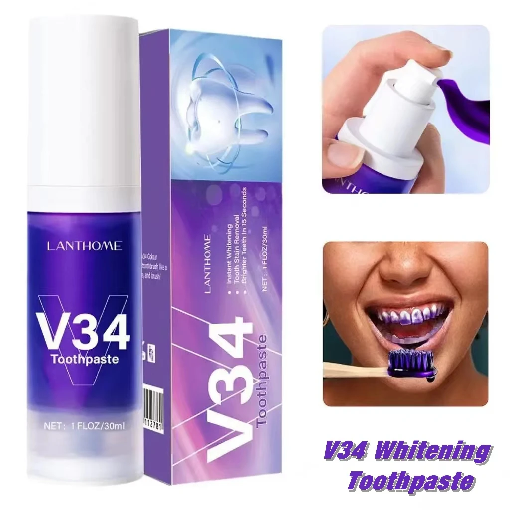 V34 Pro Whitening Toothpaste Removal Plaque Stain Purple Corrector Teeth Enamel Care Easy Reduce Yellowing Oral Clean Care