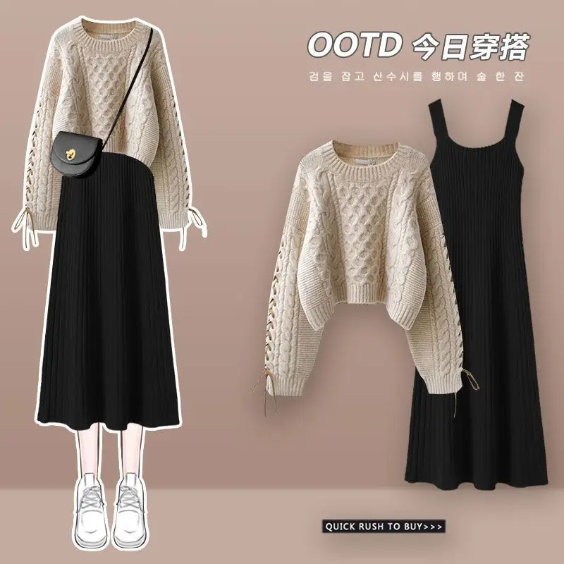 

Large Autumn Winter Set Korean Style New Kuit Sweater Dress Two-piece Set 2025 Clothing Outfits