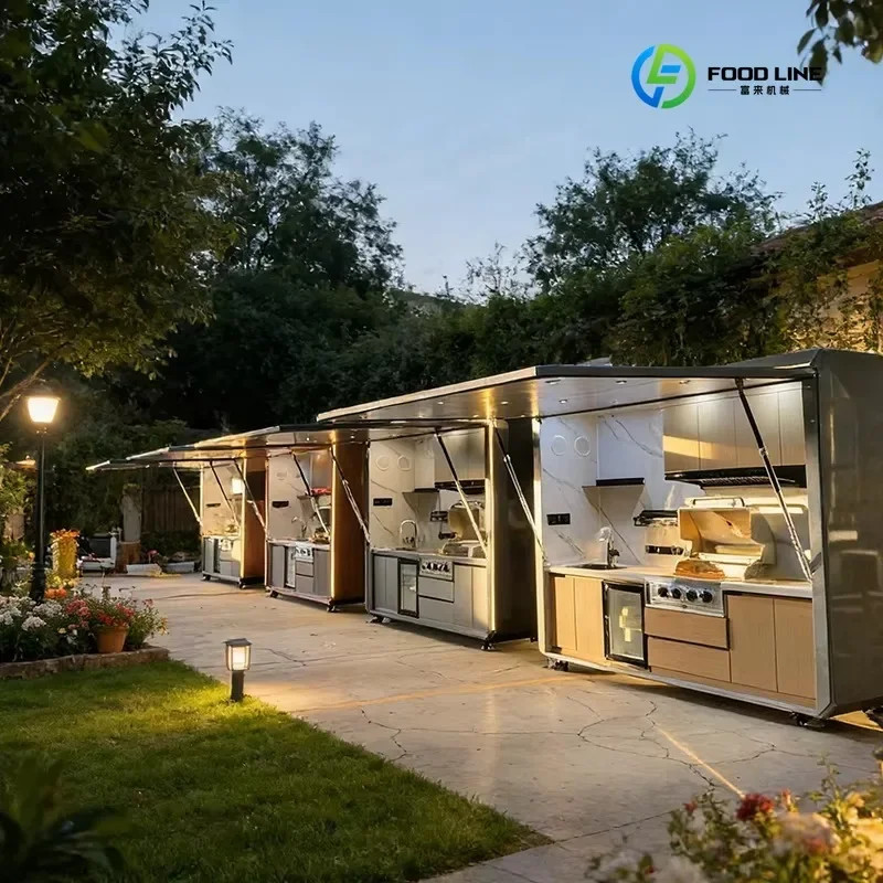 FL Outdoor Food Cart One-Stop BBQ Modular Kitchen with Refrigerator Sink Storage Cabinet Stainless Steel 4-Wheel Custom