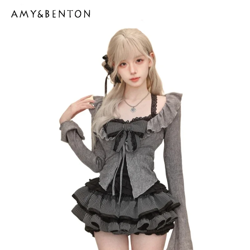 

2024 Japanese Autumn and Winter Cute and Sexy Black Lace Bow Suspenders with Gray Knitted Cardigan Short Skirt Suit For Women